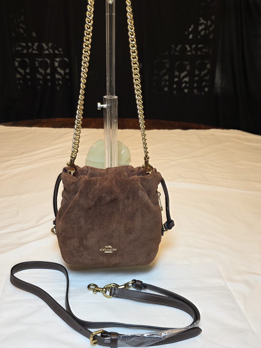 Coach Faye Mini Brown Suede Quilted Drawstring Bucket Crossbody Bag CDC42